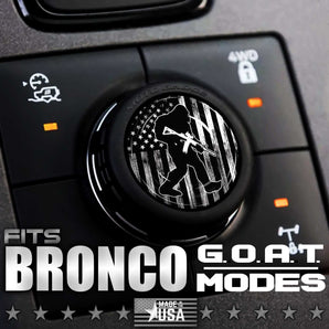 Custom Cover for GOAT MODE Ford Bronco Knob Twist Dial - Flag - Bigfoot Sasquatch with AR-15 - Moto Badge